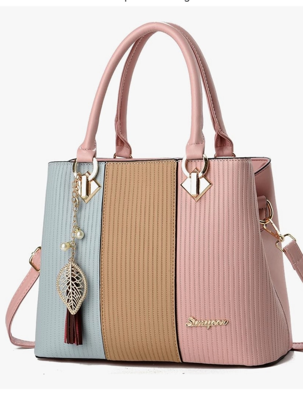 💐 Tri-Panel Leather Tote Bag in Pink, Blue & Tan NEW